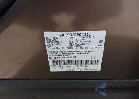 2015 Ford Explorer Xlt из США, поврежденный, VIN 1FM5K7D89FGC21598